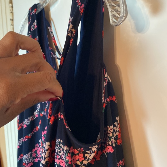 Maurice's Cold Shoulder Handkerchief Hem Navy Blue Pink Floral Midi Dress SZ 1 - Picture 11 of 15